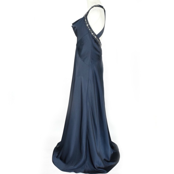 BCBG Deep Blue Draped Beaded A-line Formal Gown - Picture 4 of 8